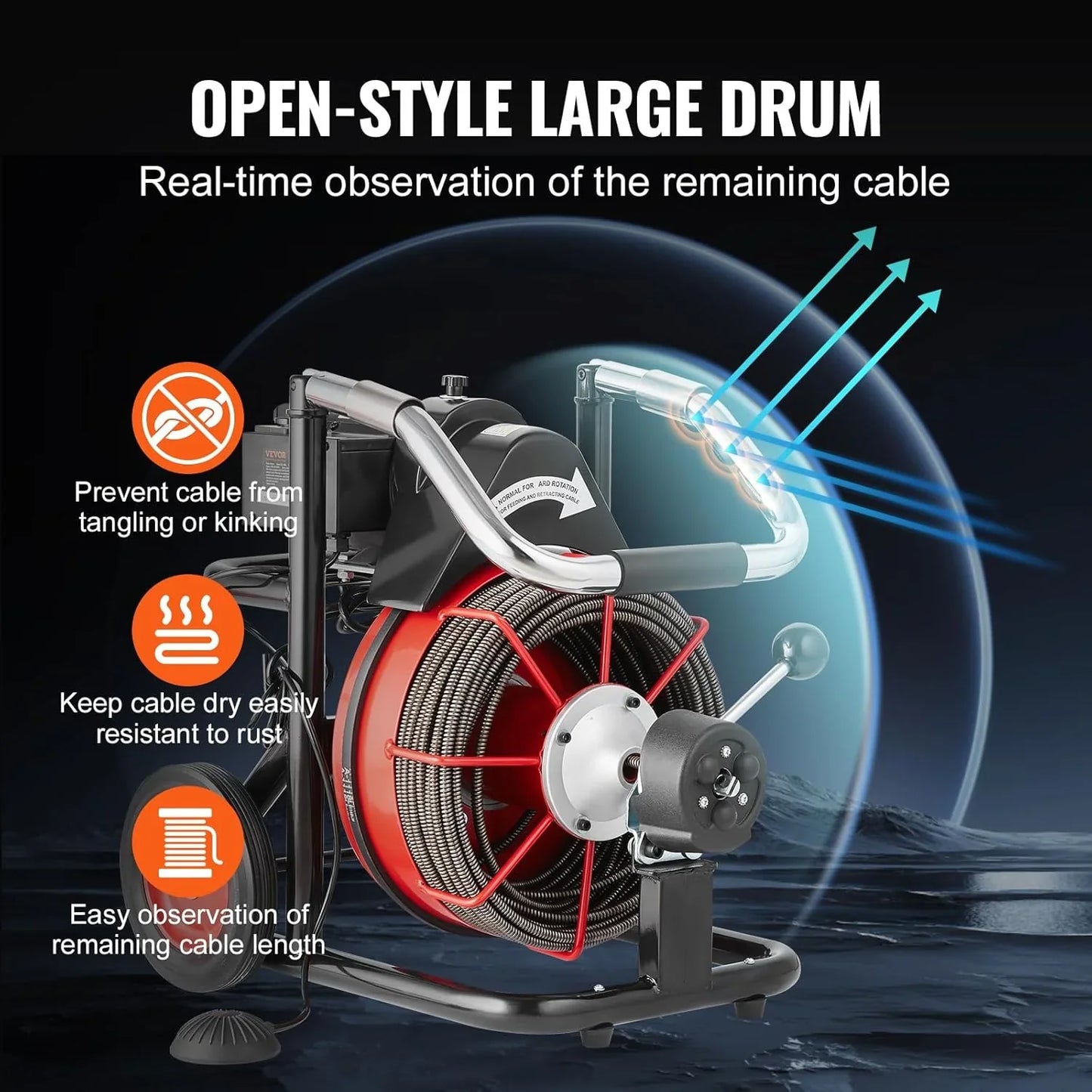 Drain Cleaner Machine 100 Ft. x 1/2 In, Auto Feed Sewer Snake Auger On Wheels