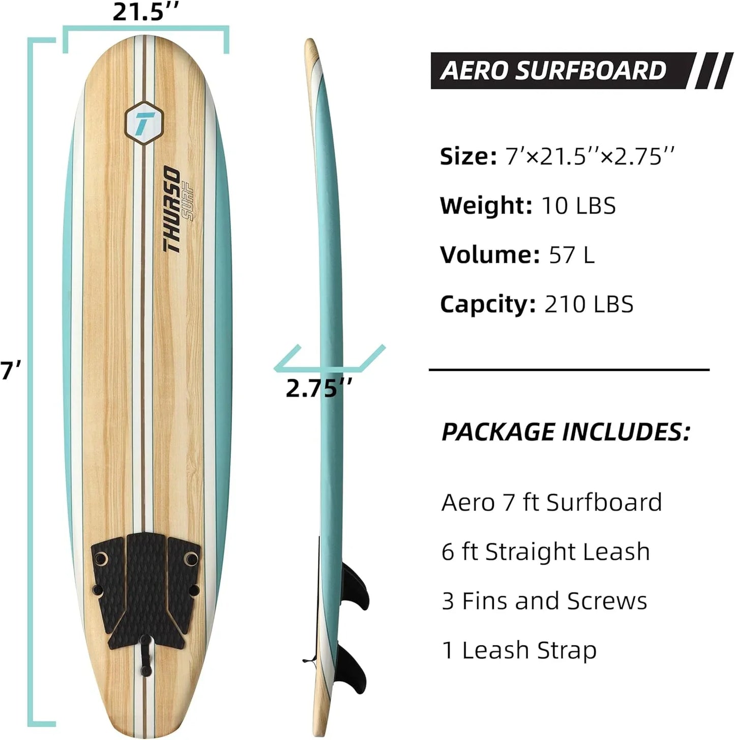 Thurso Surf 7/8 Ft. Soft Top Foam Beginner Surfboard For Adults And Kids Perfect Longboard For Surfing Beach Fun And Water Sports Lightweight