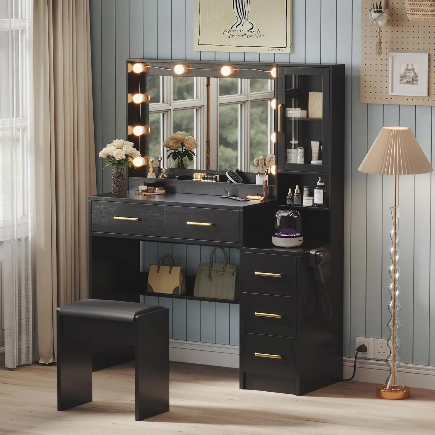 Black Vanity Desk With Mirror, Lights And Charging Station, 58.3 In. 3 Lighting Modes