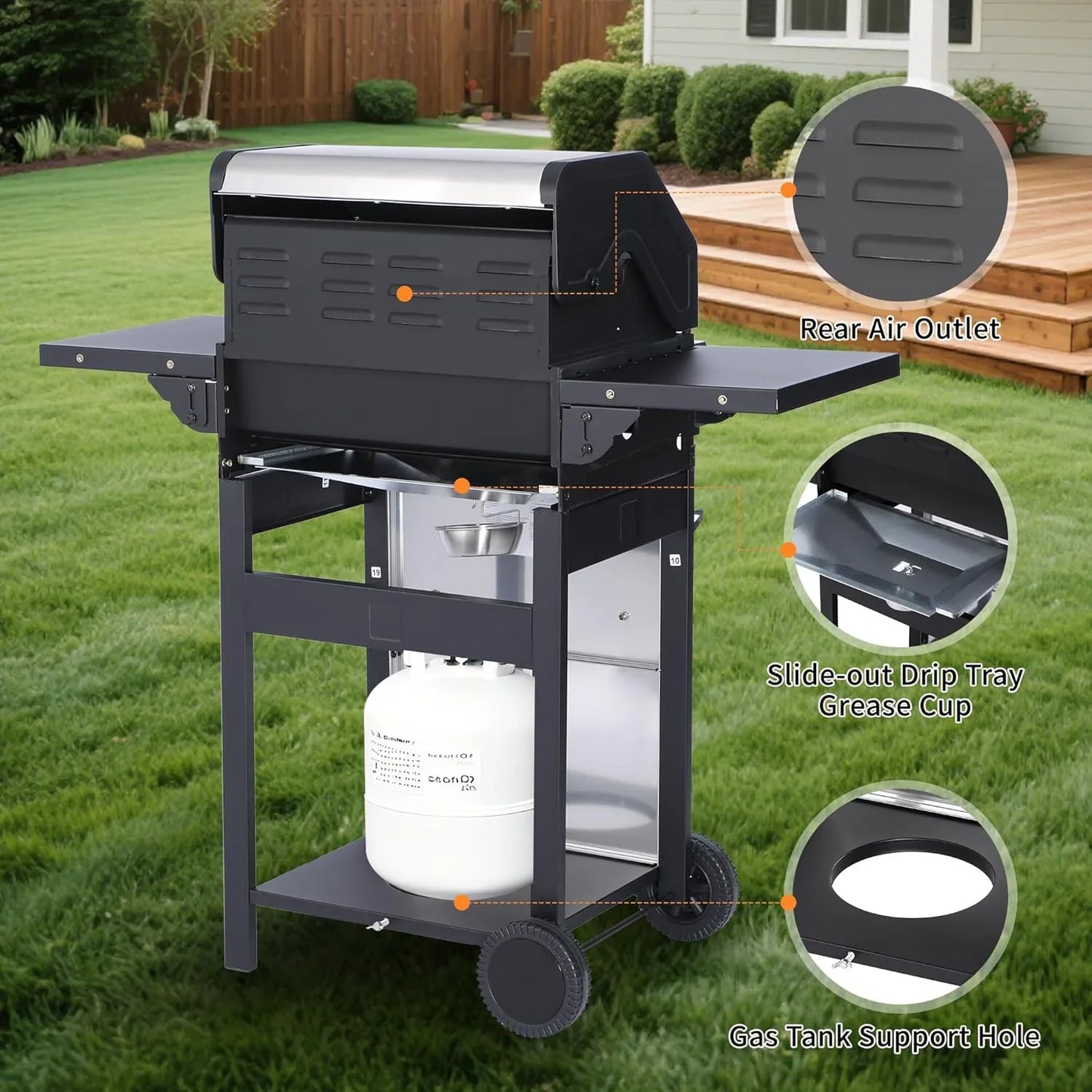 3-Burner Propane Gas Grill With 30,000 BTU Output- Double-Layer Stainless Steel Grill Lid, Cast Iron Cooking Grids