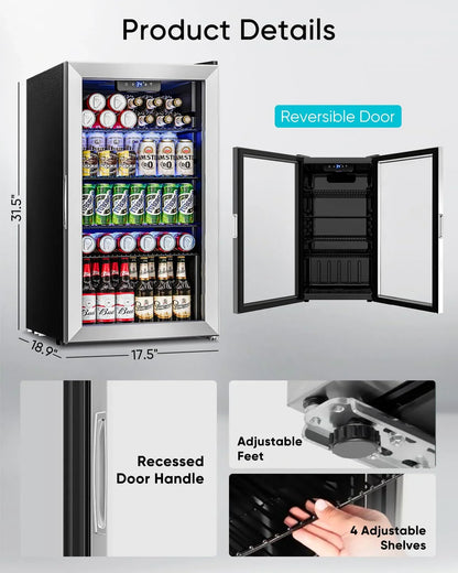 Beverage Refrigerator Cooler- 126 Can Mini Fridge Glass Door For Drinks Soda Beer Wine- Small Refrigerator For Office Bedroom Home Bar