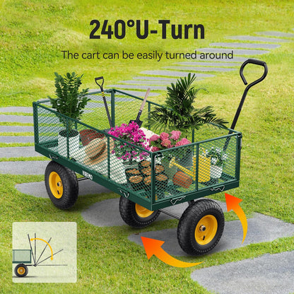 Steel Garden Cart 2-in-1 1400 Lbs Heavy Duty Utility Wagon With Removable Mesh Sides To Convert Into Flatbed 240 U-Turn 13 In. Pneumatic Tires