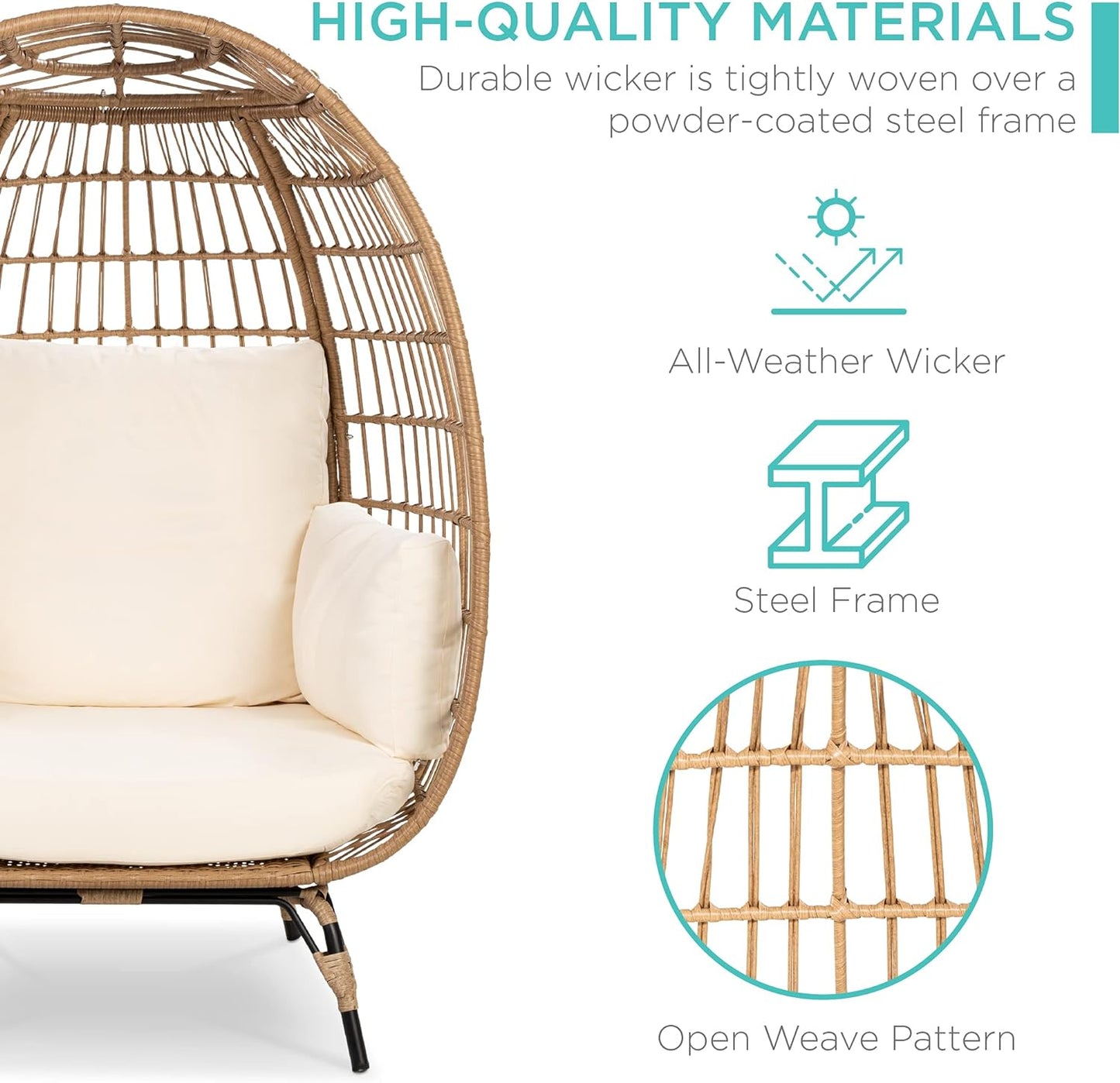 Best Choice Products Wicker Egg Chair Oversized Indoor Outdoor Lounger For Patio Backyard Living Room W/4 Cushions Steel Frame 440lb Capacity- Ivory