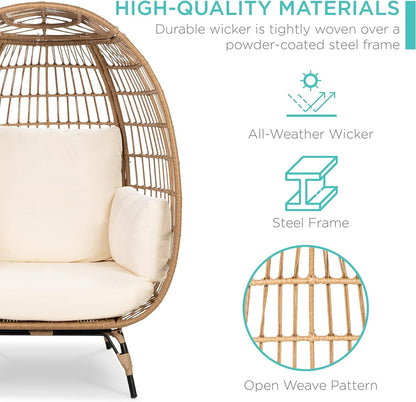 Best Choice Products Wicker Egg Chair Oversized Indoor Outdoor Lounger For Patio Backyard Living Room W/4 Cushions Steel Frame 440lb Capacity- Ivory