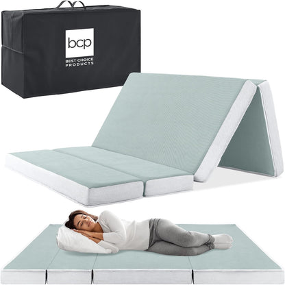 Best Choice Products 4 In. Portable Queen-Size Mattress, Tri-Fold Mattress For Camping, Guest, Toddler, Foam Plush w/Carry Case- Grey