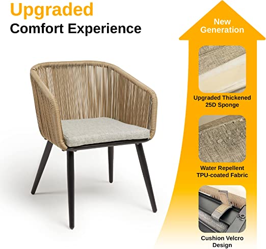 Patio Furniture Set 3-Piece Outside Bistro Set Handwoven Rattan Wicker Chairs With Waterproof Cushions Tempered Glass Table Outdoor Conversation