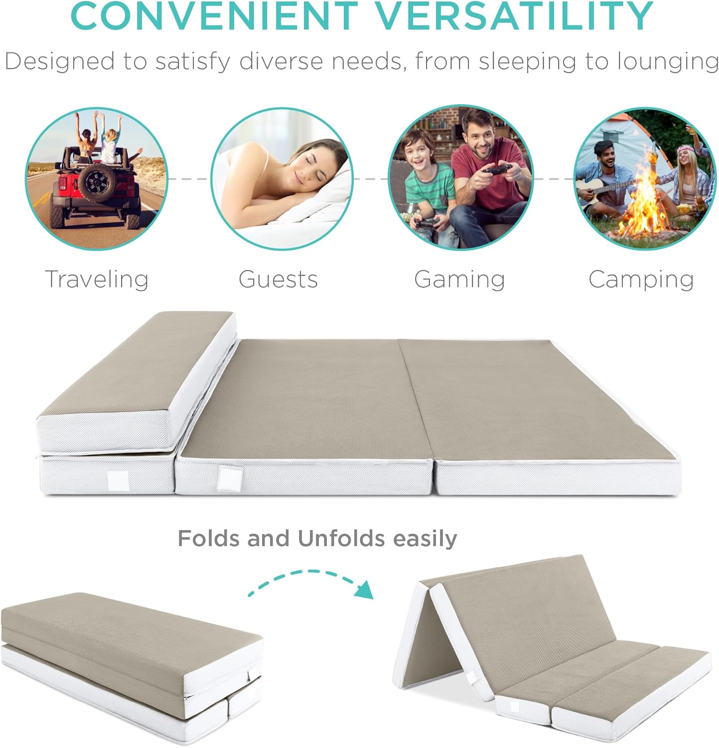 Best Choice Products 4 In. Portable Queen-Size Mattress, Tri-Fold Mattress For Camping, Guest, Toddler, Foam Plush w/Carry Case- Grey