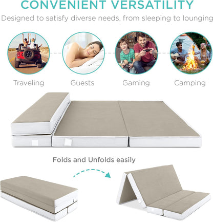 Best Choice Products 4 In. Portable Queen-Size Mattress, Tri-Fold Mattress For Camping, Guest, Toddler, Foam Plush w/Carry Case- Grey
