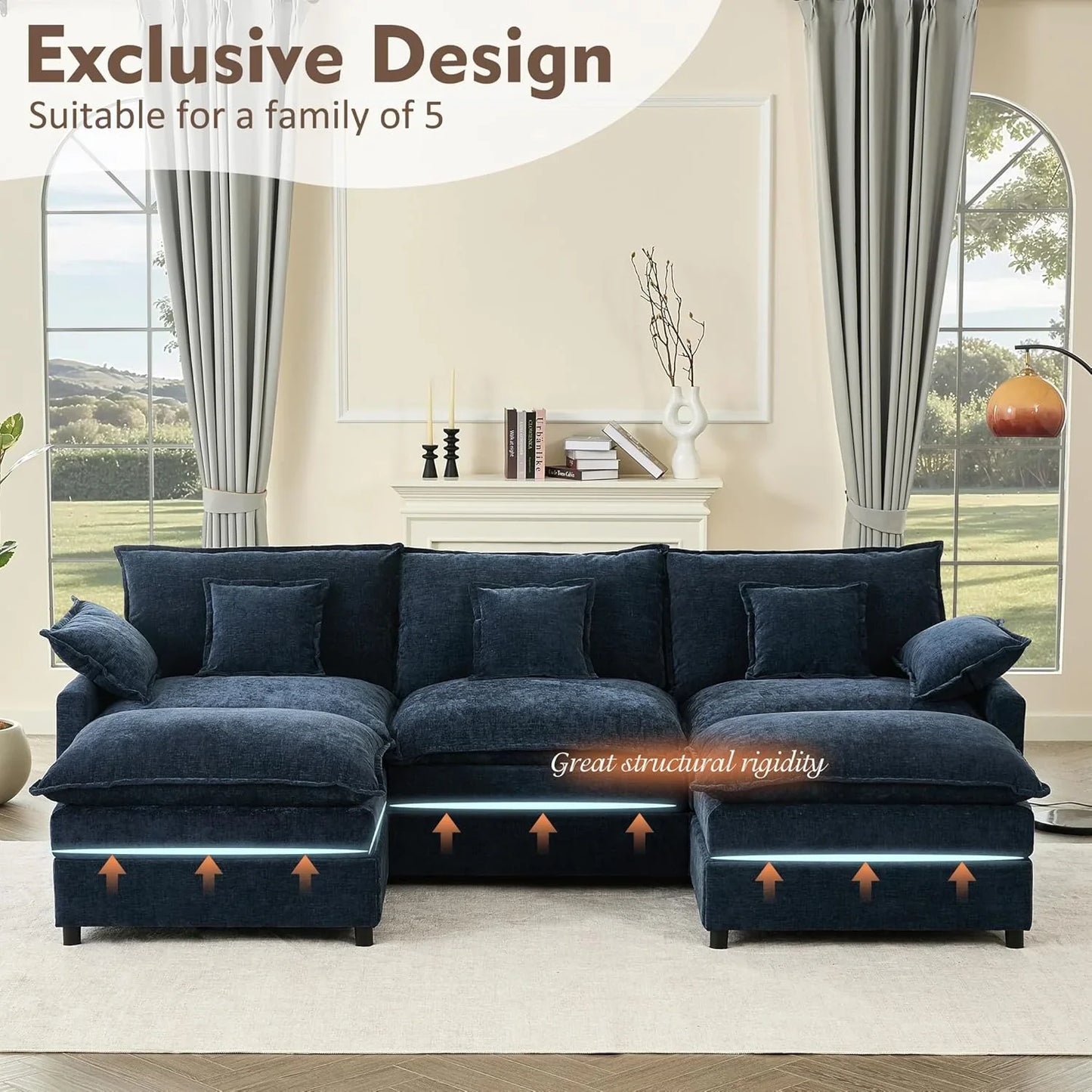 108 In. U Shape Sofa Sectional Sofa Comfortable Cloud Sofa With Removable Footstool