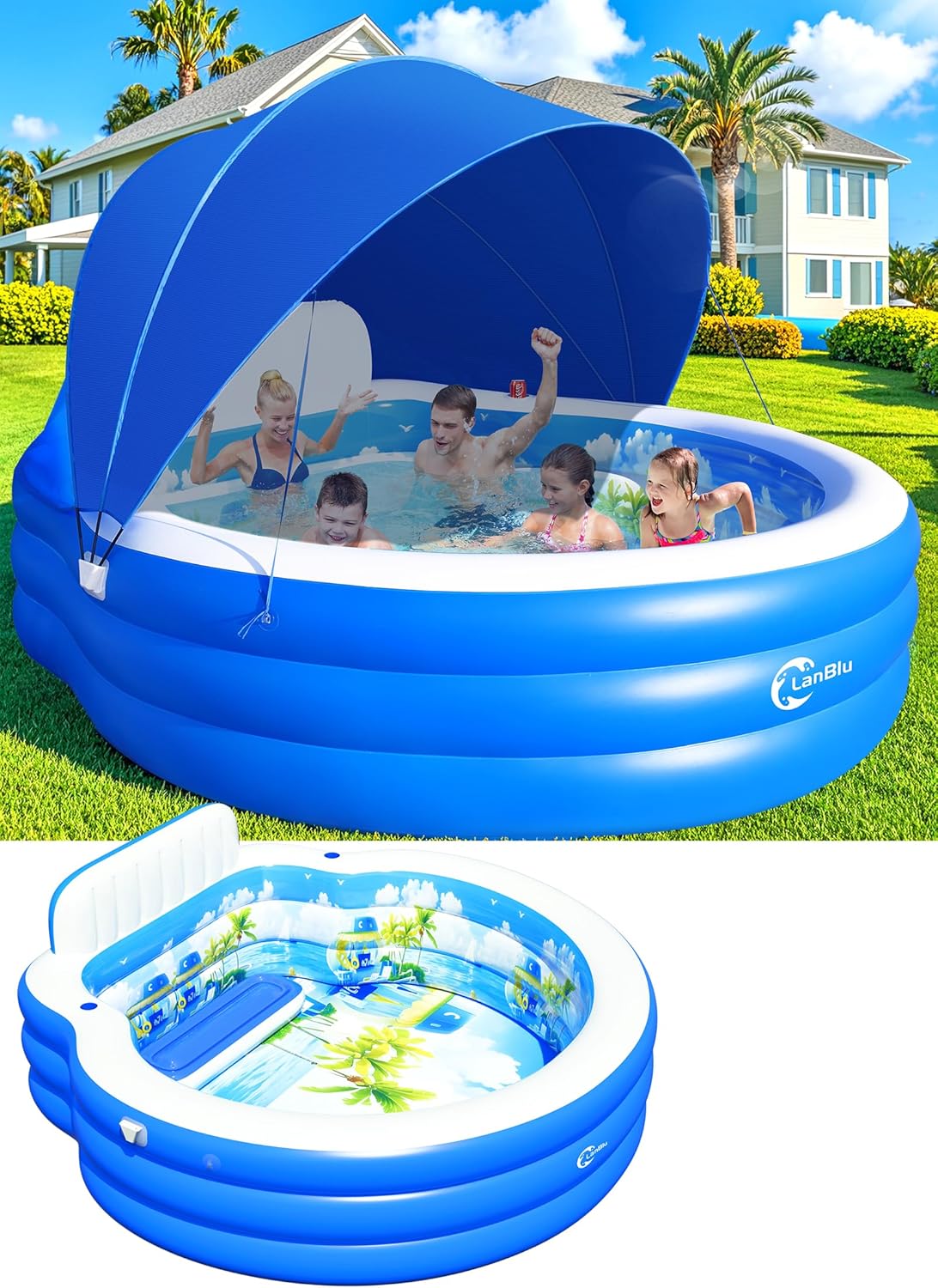 Upgraded Inflatable Pool With Canopy, Inflatable Family Lounge Pool, Round Blow Up Pool For Adult With Bench And Backrest