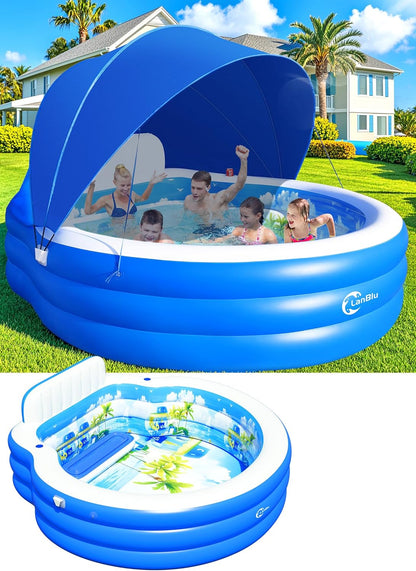 Upgraded Inflatable Pool With Canopy, Inflatable Family Lounge Pool, Round Blow Up Pool For Adult With Bench And Backrest