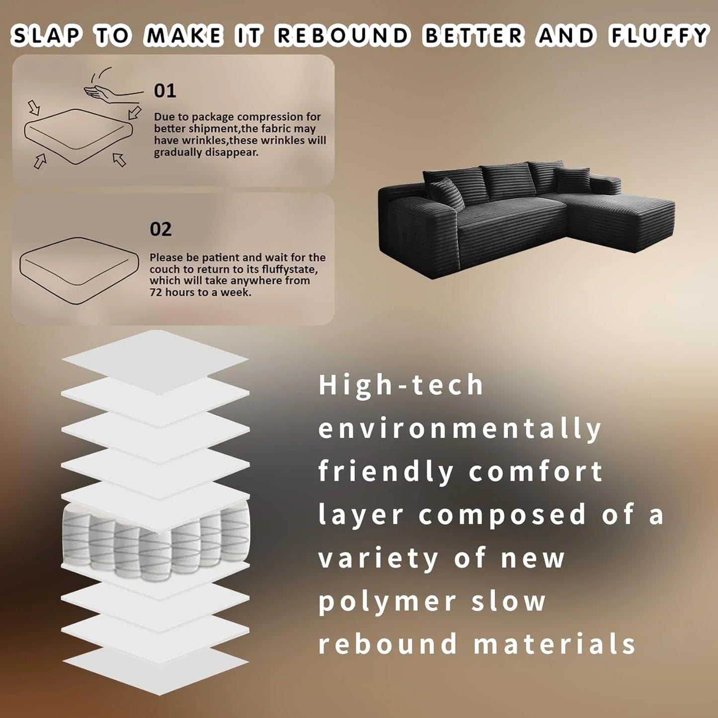 Cloud Sectional Couch With L-Shape Chaise Modern Modular Sofa With Deep Seat Modern Comfy Furniture Bedroom Lounge Dorm Office Apartment Home