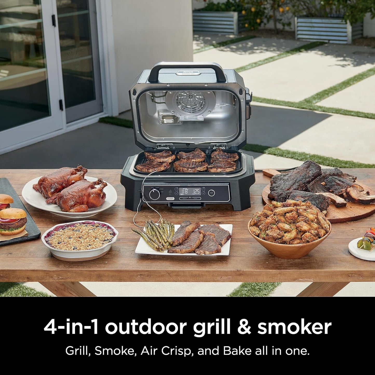 7-in-1 Grill And Smoker With Thermometer, Air Fryer, Bbq, Bake, Roast, Broil- Portable Electric Outdoor Grill, Grey