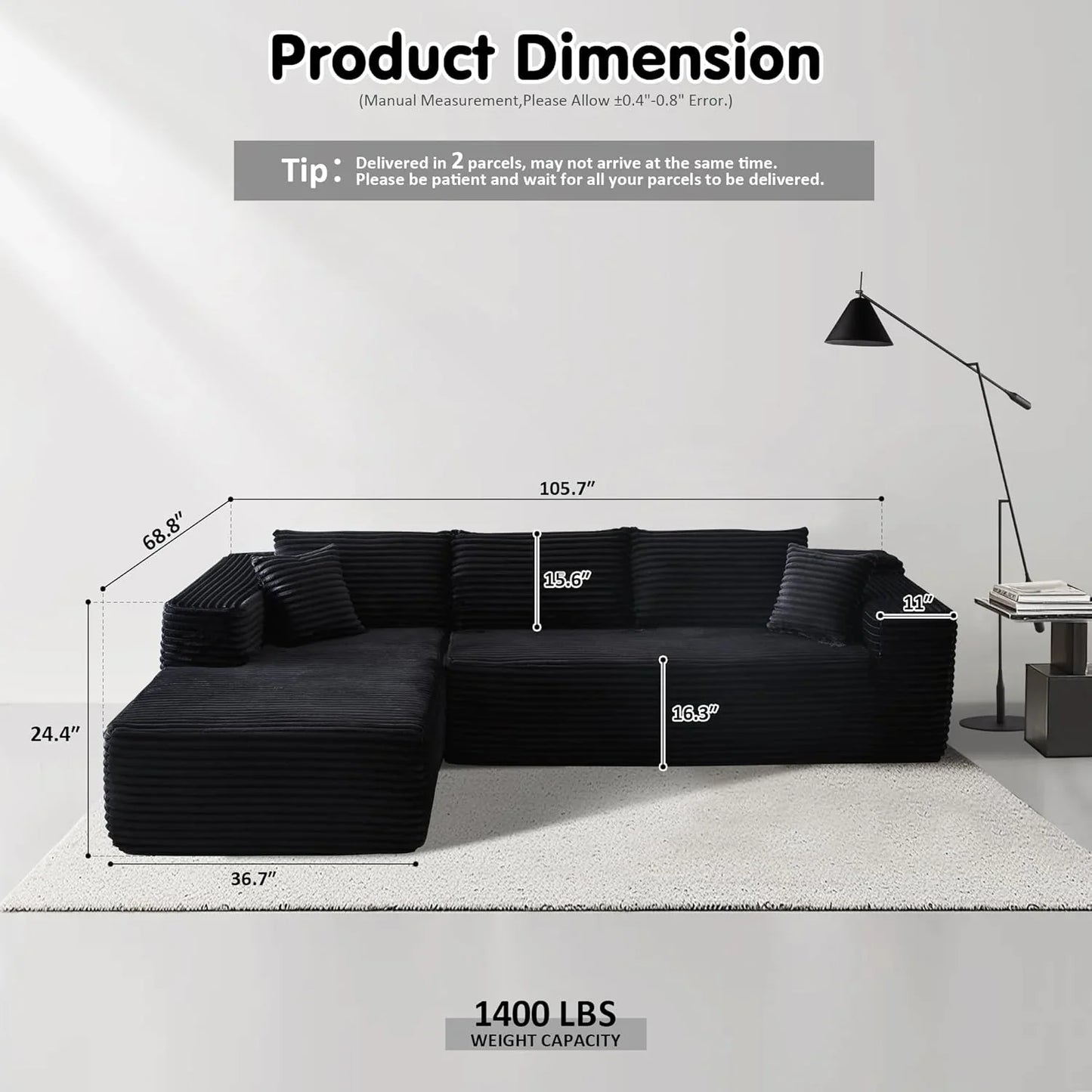 Ovios 104 In. Cloud Sectional Couch With L-Shape Chaise, Modern Modular Sofa With Deep Seat, Upholstered Couches For Living Room Bedroom