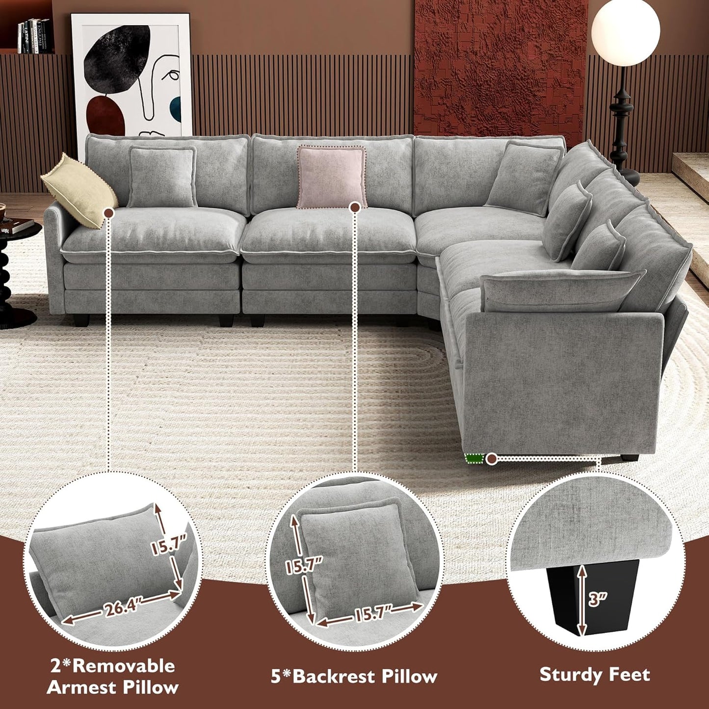 Ihanherry 146 In. U-Shaped Modern Sofa Modular Sectional Cloud Couch With 2 Ottoman