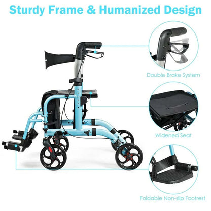 2-in-1 Rollator Walker Wheelchair Folding Medical Walker Aluminum Transport Chair Mobility Walking Aid- Comfortable And Ergonomic Design