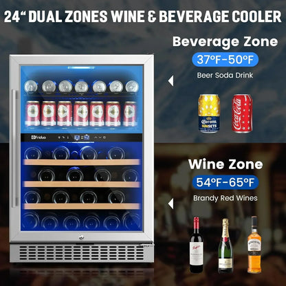 24 In. Dual Zone Beverage Refrigerator 30 Bottles 82 Cans Wine Fridge Built-In Or Freestanding