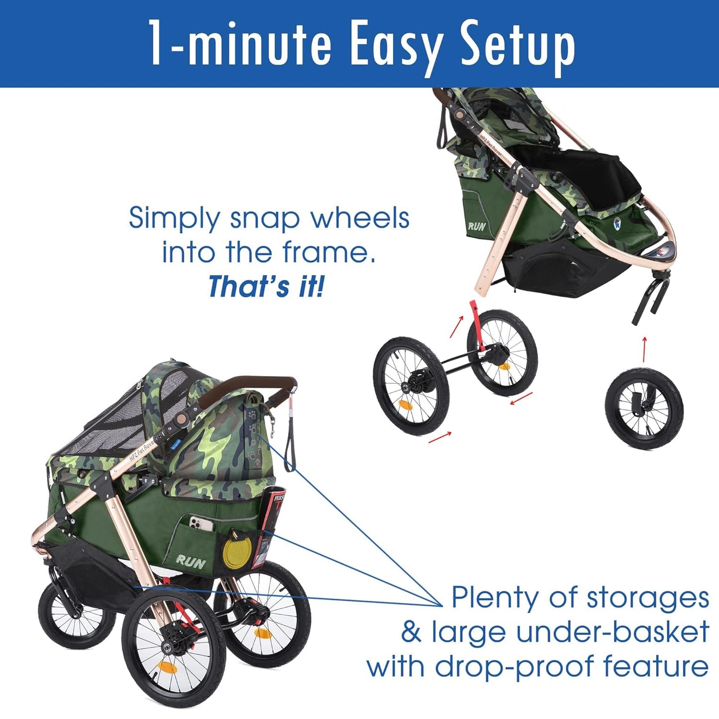 Jogging Sports Stroller With Comfort Rubber Wheels/Zipper-Less Entry/1-Hand Quick Fold/Aluminum Frame For Small/Medium Dogs Cats And Pets, Green Camo