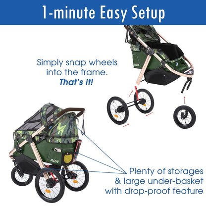 Jogging Sports Stroller With Comfort Rubber Wheels/Zipper-Less Entry/1-Hand Quick Fold/Aluminum Frame For Small/Medium Dogs Cats And Pets, Green Camo