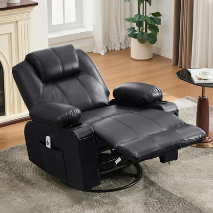 Oversized Swivel Rocker Recliner Chair With Heat And Massage, 360 Degree Swivel Rocking Single Sofa With Cup Holders And USB Port