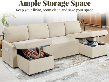 VanAcc Sofa Bed, Sleeper Sofa With Storage Chaise 2-in-1 Pull Out Couch Living Room