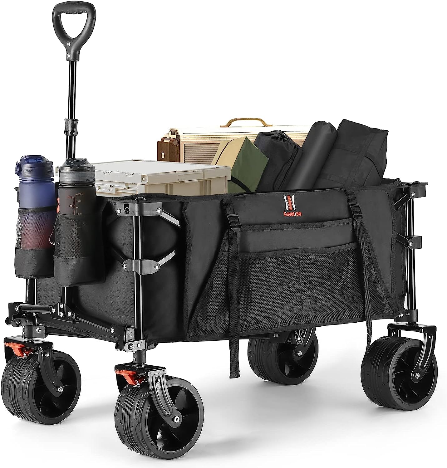 Navatiee Collapsible Folding Wagon Beach Wagon Cart Heavy Duty Foldable With Big Wheels Utility Grocery Wagon With Side Pocket And Brakes For