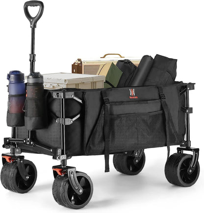 Navatiee Collapsible Folding Wagon Beach Wagon Cart Heavy Duty Foldable With Big Wheels Utility Grocery Wagon With Side Pocket And Brakes For