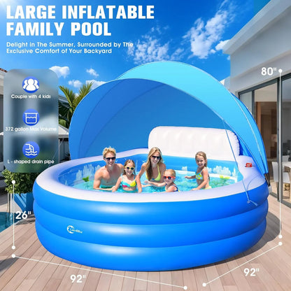 Upgraded Inflatable Pool With Canopy, Inflatable Family Lounge Pool, Round Blow Up Pool For Adult With Bench And Backrest