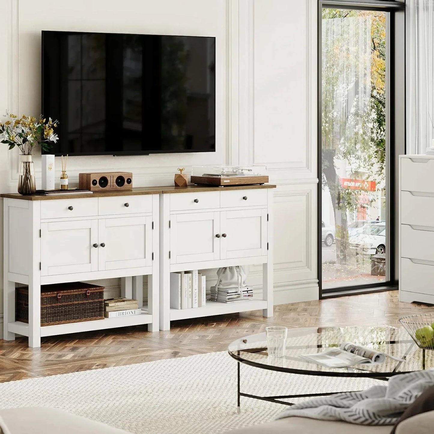 Hostack Farmhouse Console Table With 2-Door Cabinet And 2 Drawers, Coffee Bar, Entryway Table With Storage Shelf