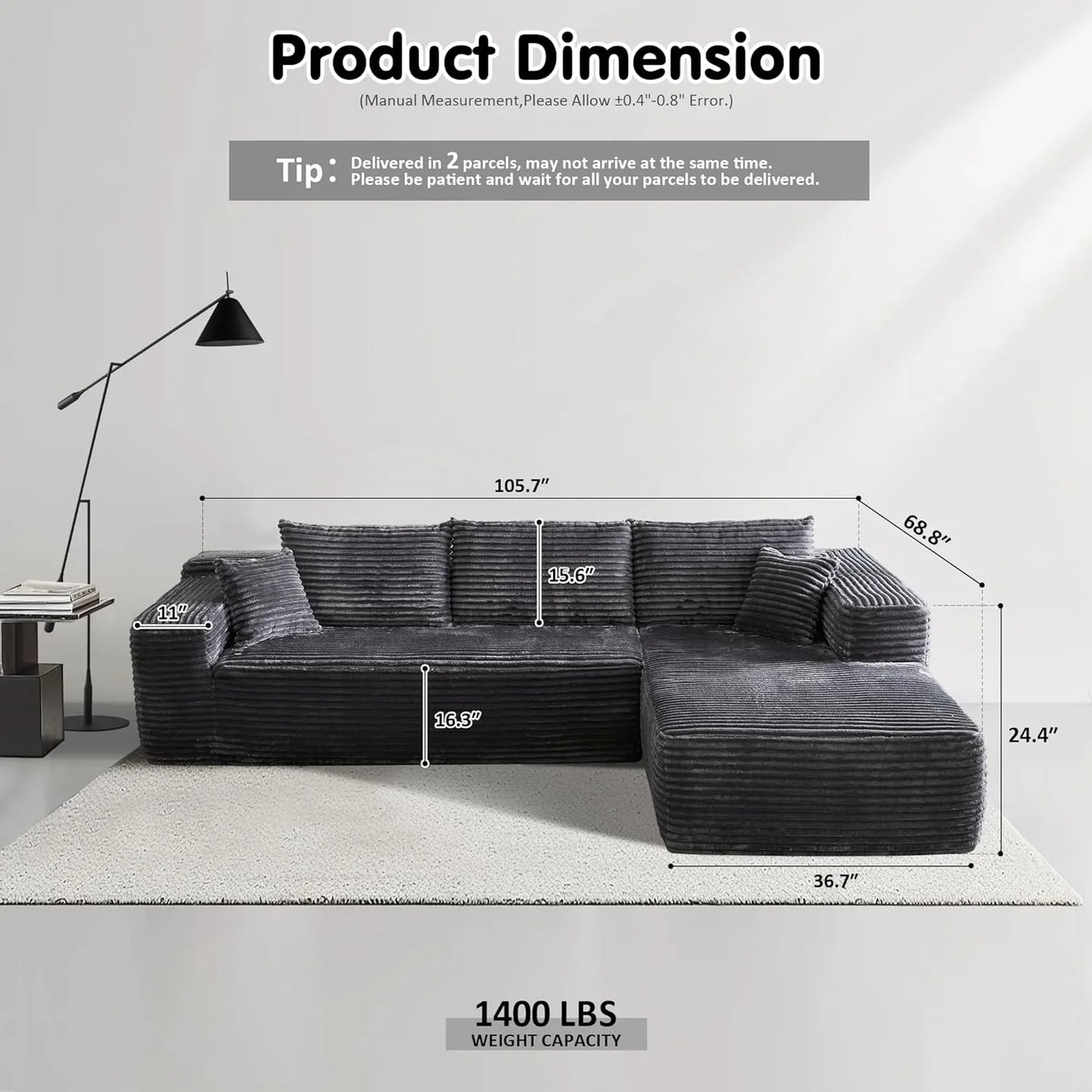 Ovios 104 In. Cloud Sectional Couch With L-Shape Chaise, Modern Modular Sofa With Deep Seat, Upholstered Couches For Living Room Bedroom