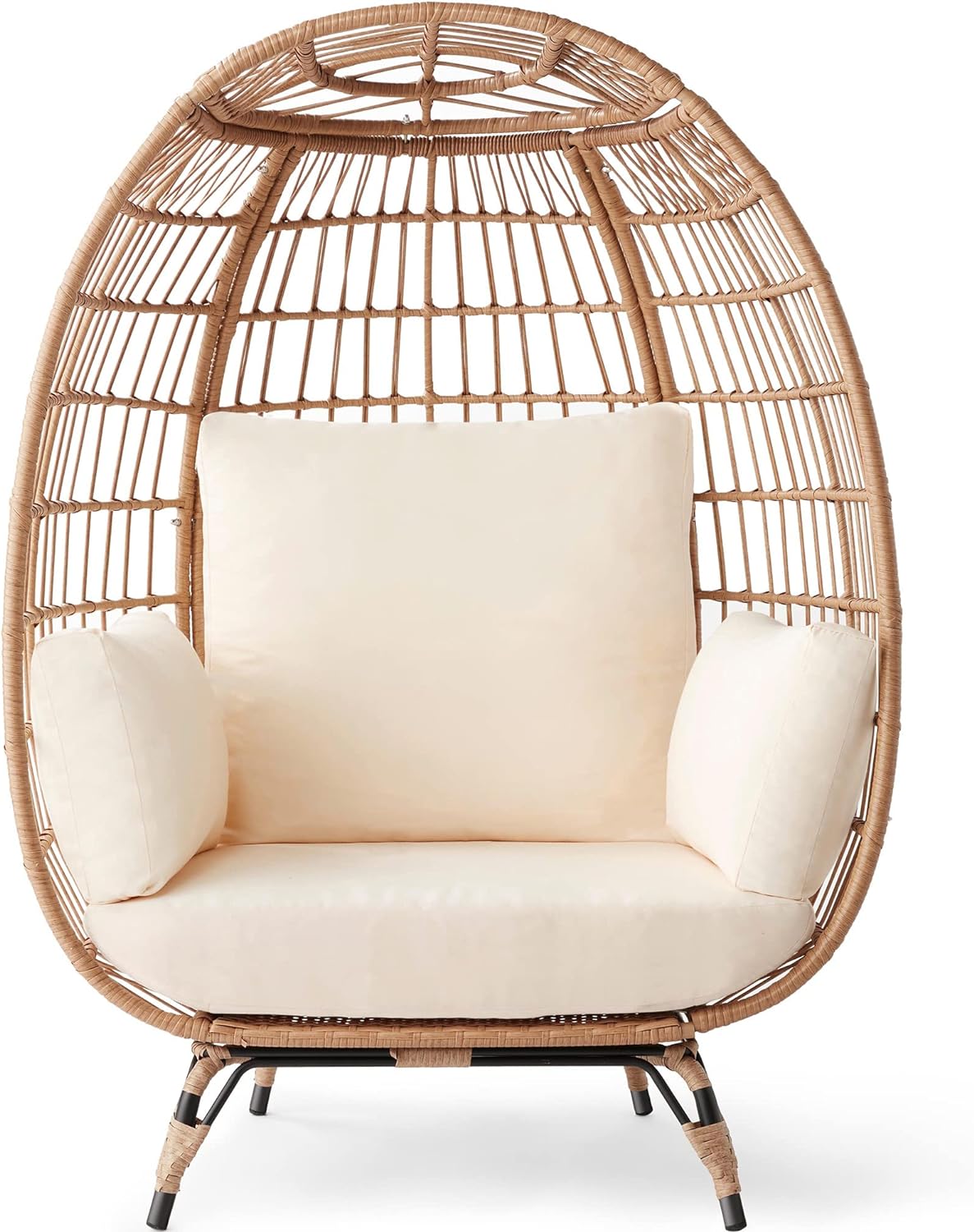 Best Choice Products Wicker Egg Chair Oversized Indoor Outdoor Lounger For Patio Backyard Living Room W/4 Cushions Steel Frame 440lb Capacity- Ivory
