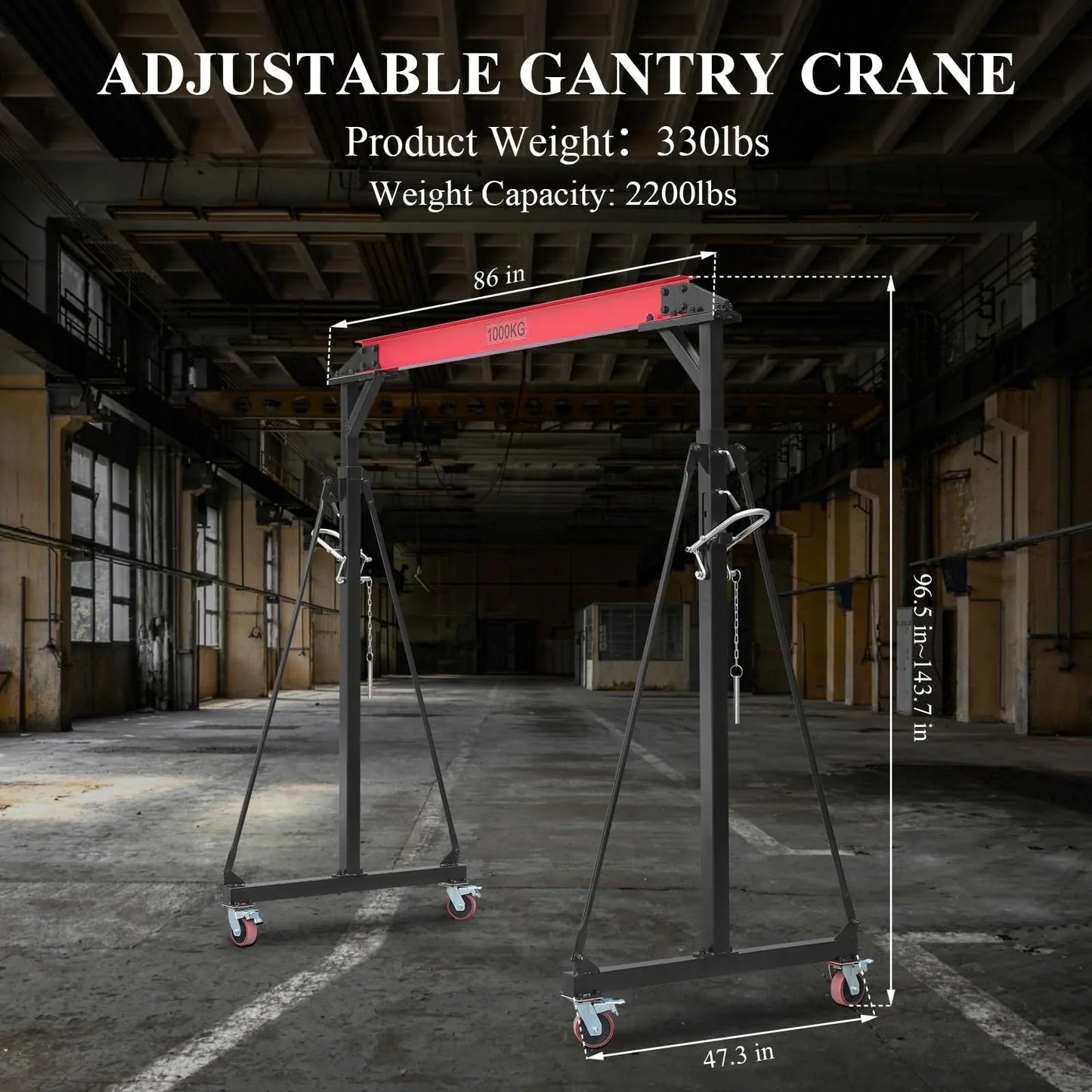 1 Ton Adjustable Gantry Crane, 2200 Lbs Capacity, Height Adjustable 96.5 In.-143.7 In, Portable Hoist For Factory, Construction, Warehouse