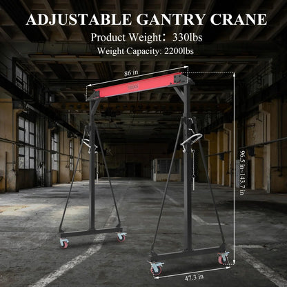 1 Ton Adjustable Gantry Crane, 2200 Lbs Capacity, Height Adjustable 96.5 In.-143.7 In, Portable Hoist For Factory, Construction, Warehouse