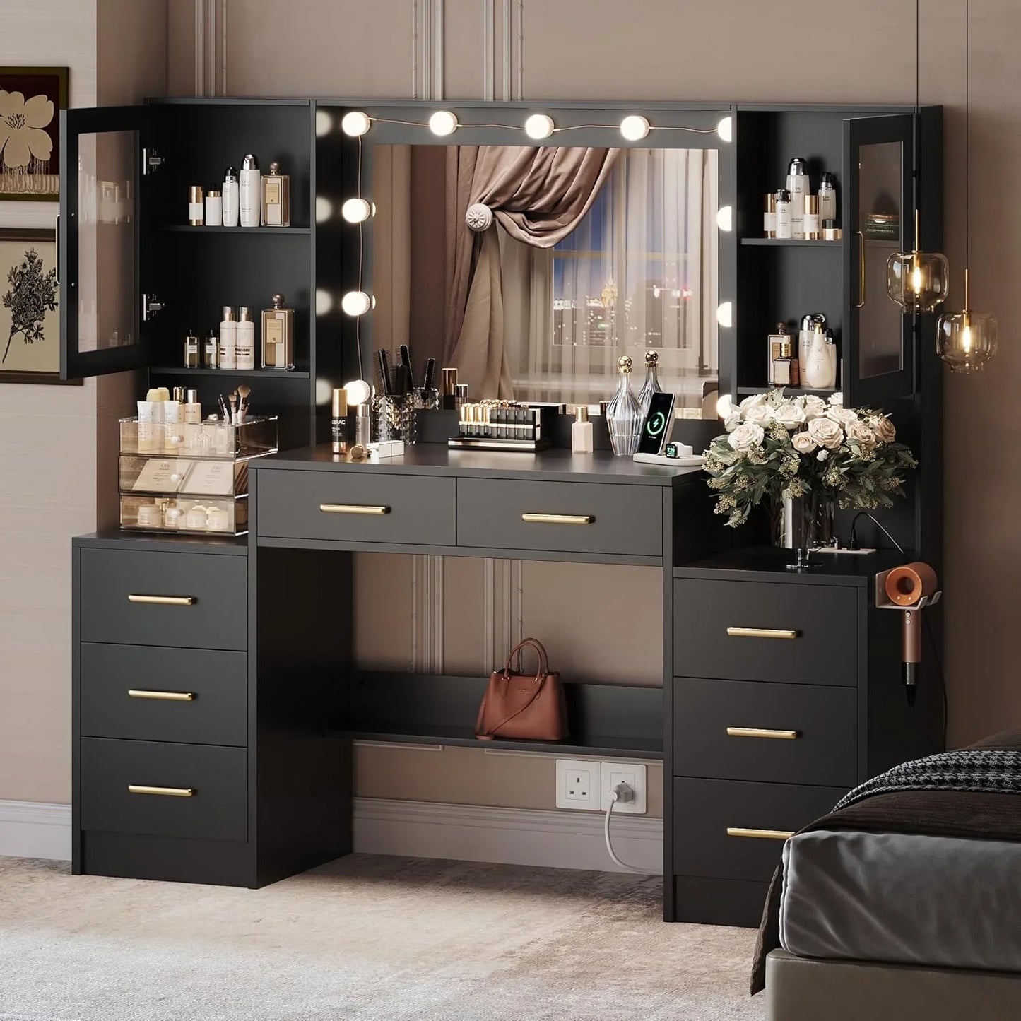 Black Vanity Desk With Mirror, Lights And Charging Station, 58.3 In. 3 Lighting Modes