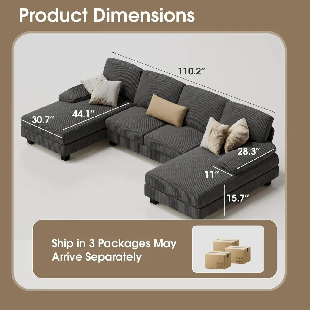 Furmax Sectional Couches For Living Room, U-Shaped Sofa Couch With Linen Fabric, 4 Seat Sofa Set With Double Chaise For Apartment, Fabric, Grey