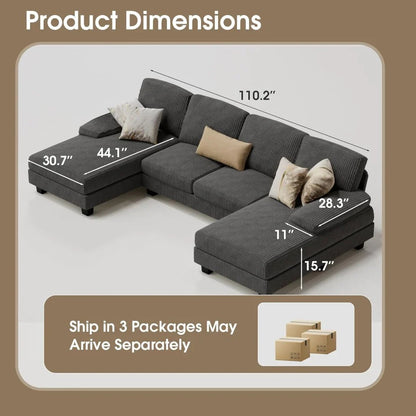 Furmax Sectional Couches For Living Room, U-Shaped Sofa Couch With Linen Fabric, 4 Seat Sofa Set With Double Chaise For Apartment, Fabric, Grey