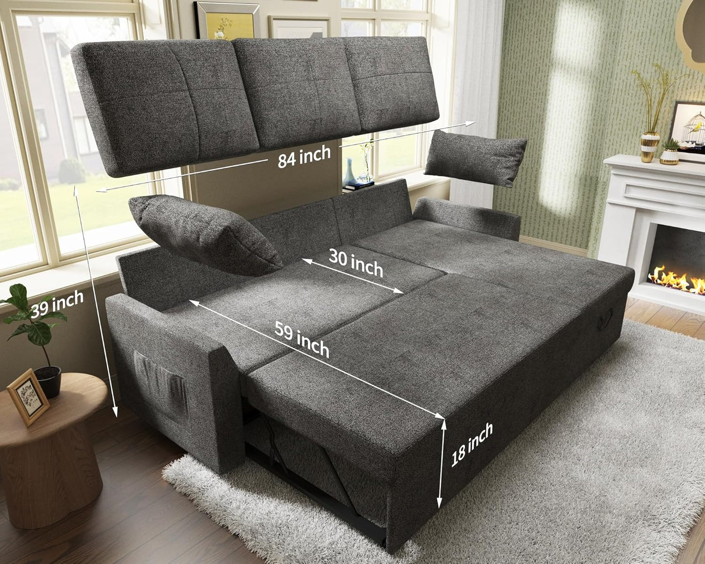 VanAcc Sofa Bed, Sleeper Sofa With Storage Chaise 2-in-1 Pull Out Couch Living Room