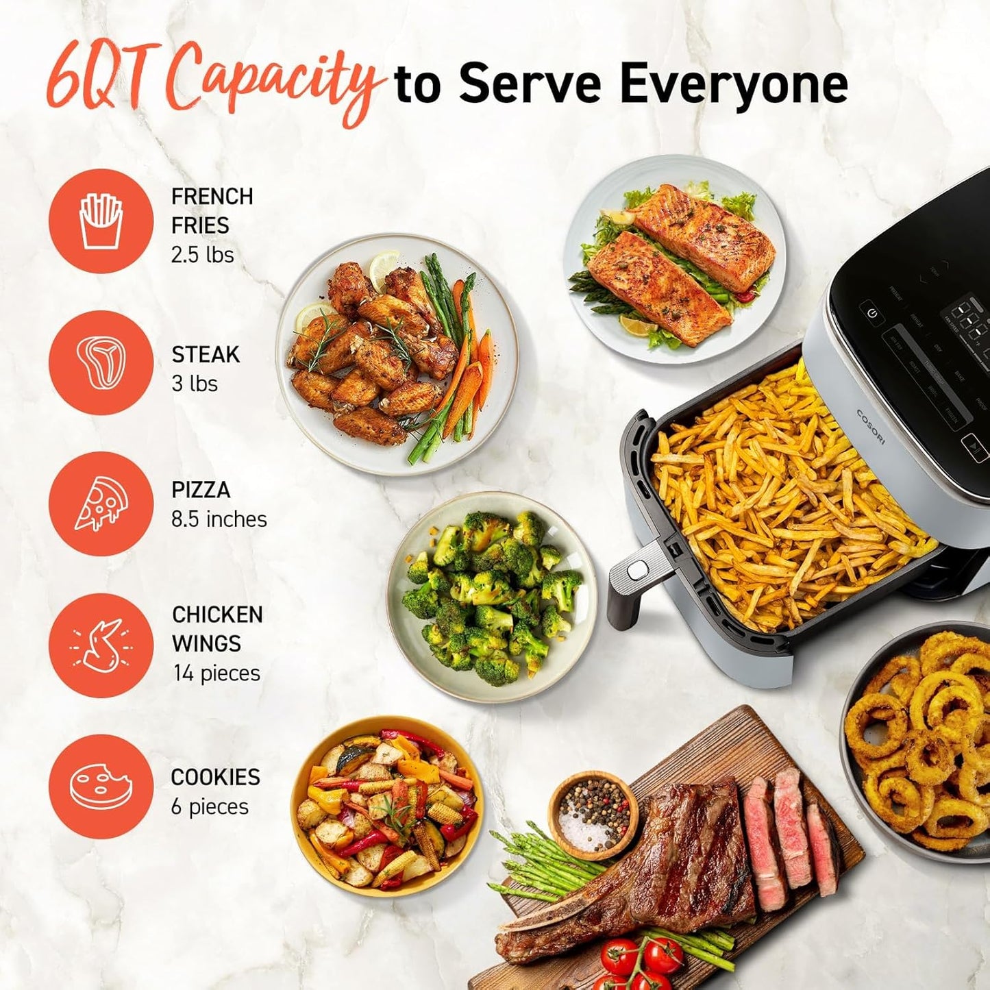 Cosori Air Fryer 9-in-1 Compact And Large 6-Qt. Fast Turbo Modes Precise Heat For Even Results
