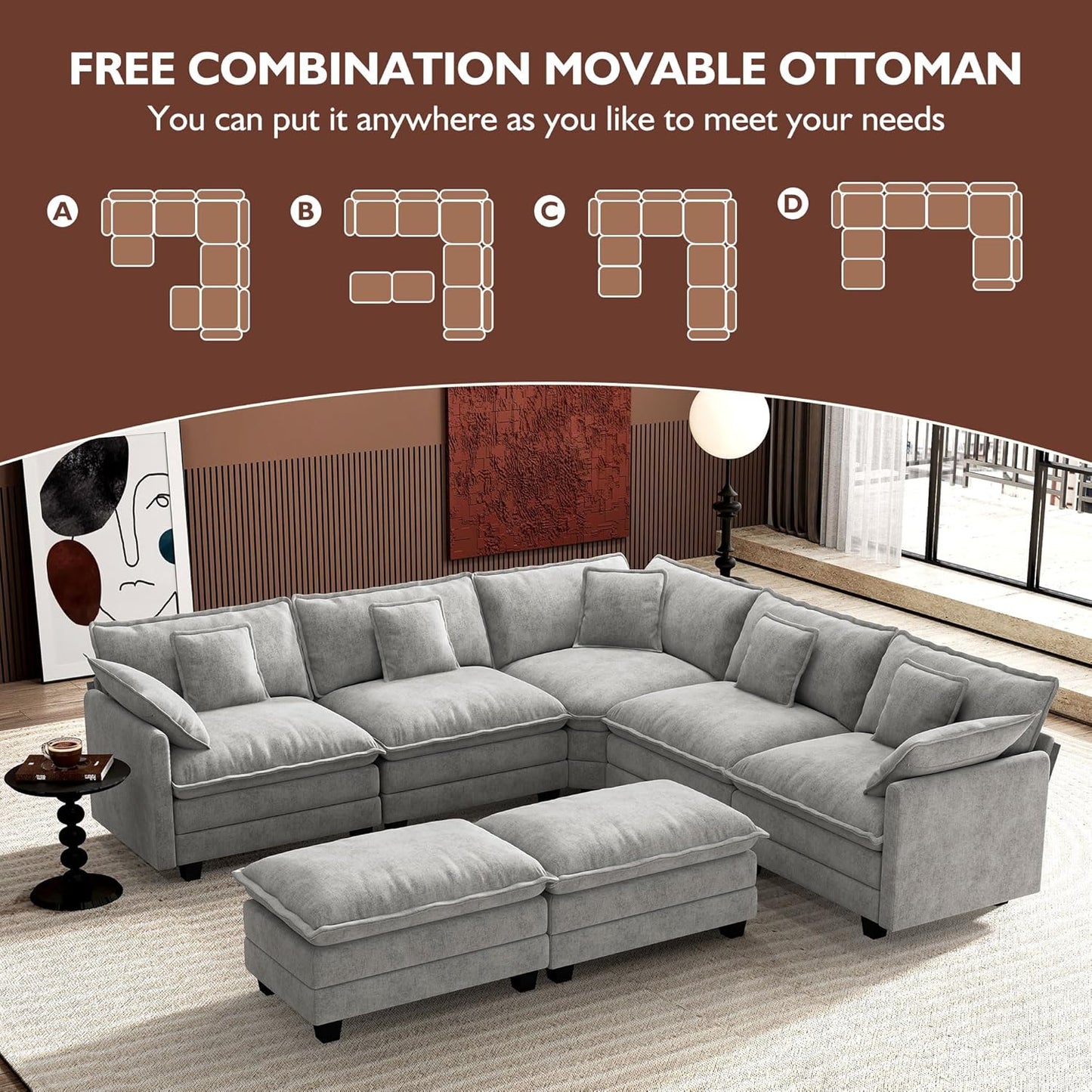 Ihanherry 146 In. U-Shaped Modern Sofa Modular Sectional Cloud Couch With 2 Ottoman