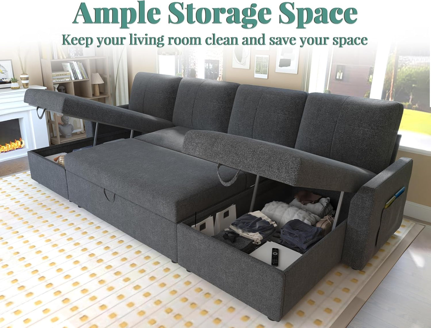 VanAcc Sofa Bed, Sleeper Sofa With Storage Chaise 2-in-1 Pull Out Couch Living Room