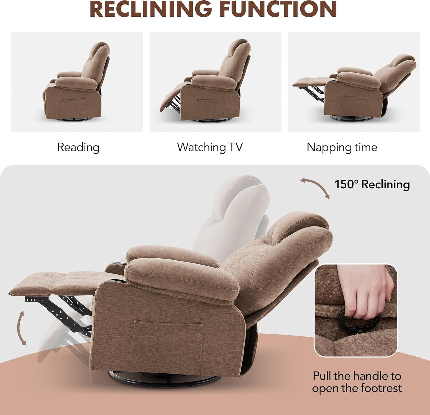 Oversized Swivel Rocker Recliner Chair With Heat And Massage, 360 Degree Swivel Rocking Single Sofa With Cup Holders And USB Port