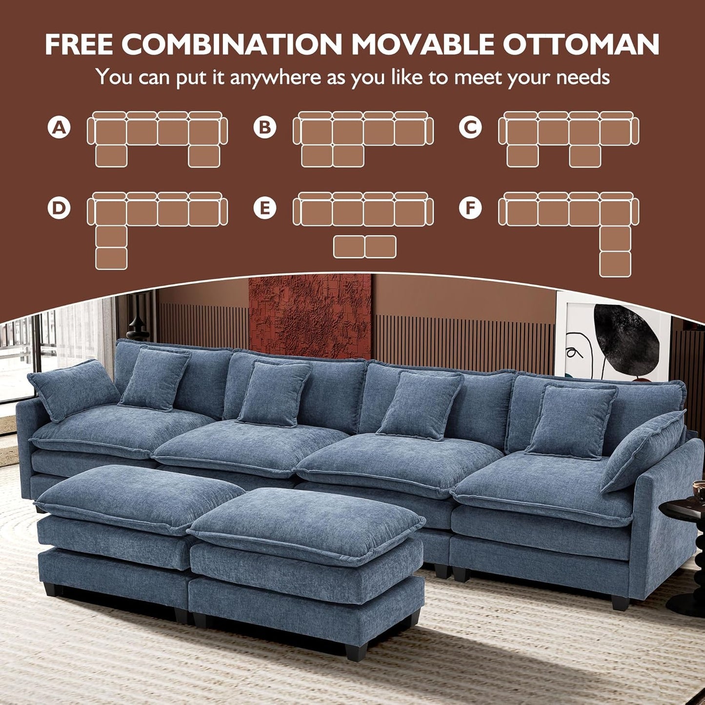 Ihanherry 146 In. U-Shaped Modern Sofa Modular Sectional Cloud Couch With 2 Ottoman