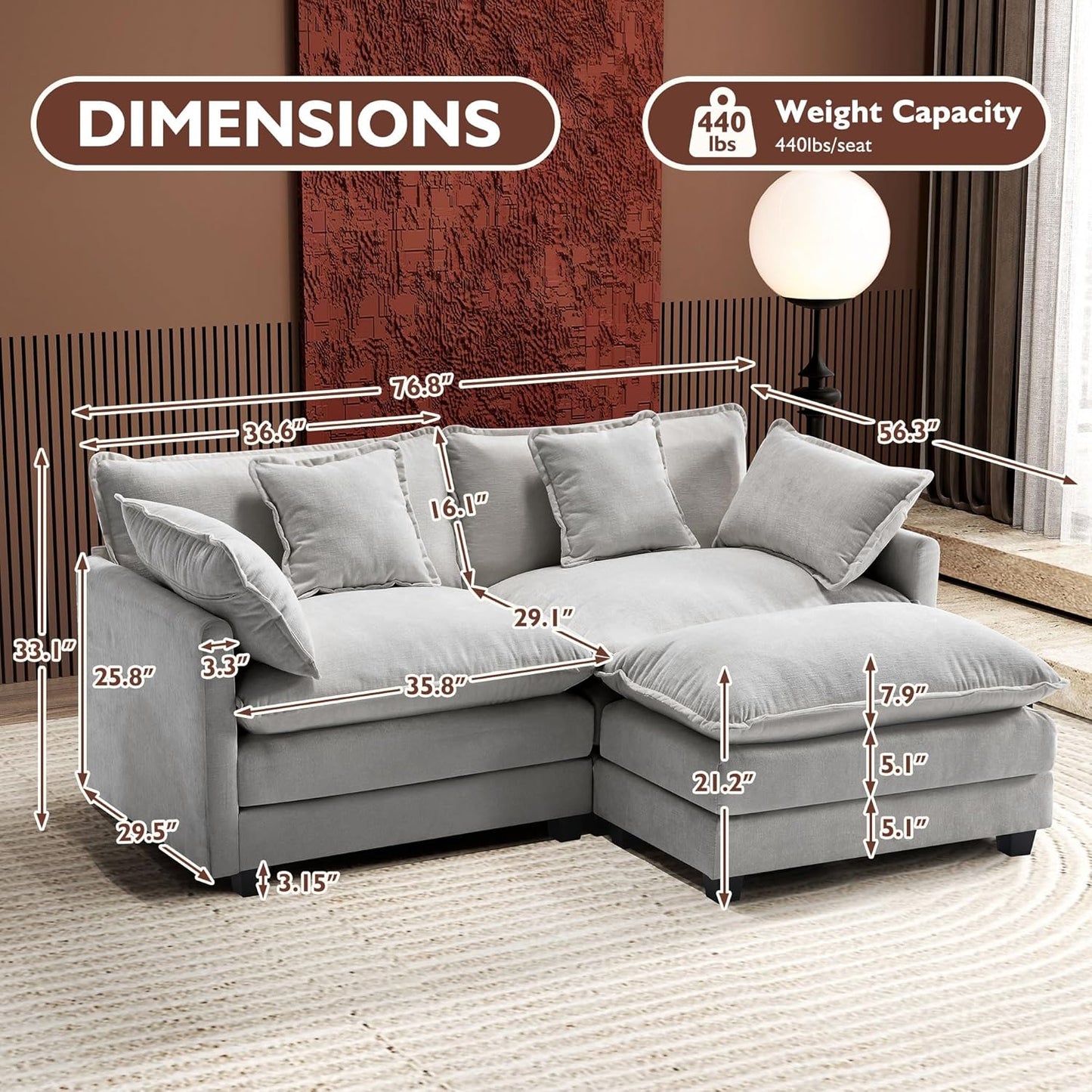 Ihanherry 146 In. U-Shaped Modern Sofa Modular Sectional Cloud Couch With 2 Ottoman
