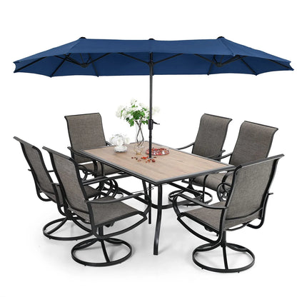 8 Pieces Patio Dining Set With Umbrella, Outdoor Furniture Set With 6 Sling Dining Swivel Chairs