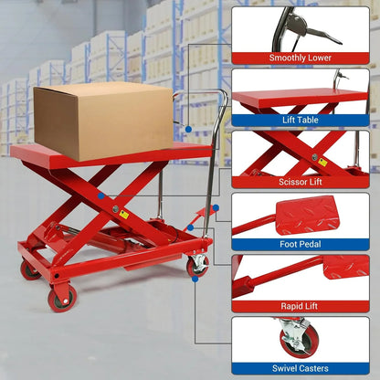 660lbs Hydraulic Lift Table Cart, 31 In. Lift Height, Double Scissor Design With 4 Wheels And Non-Slip Pad For Material Handling