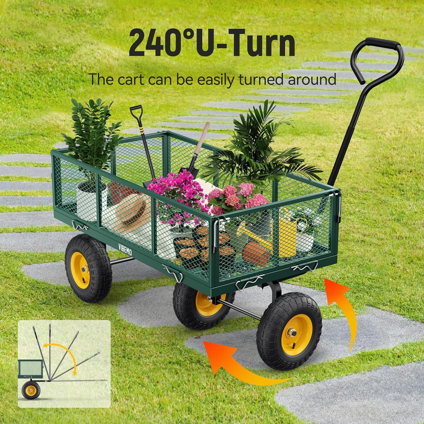 Steel Garden Cart 2-in-1 1400 Lbs Heavy Duty Utility Wagon With Removable Mesh Sides To Convert Into Flatbed 240 U-Turn 13 In. Pneumatic Tires