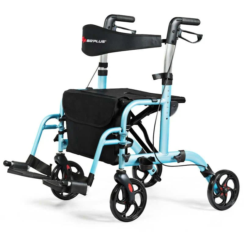 2-in-1 Rollator Walker Wheelchair Folding Medical Walker Aluminum Transport Chair Mobility Walking Aid- Comfortable And Ergonomic Design