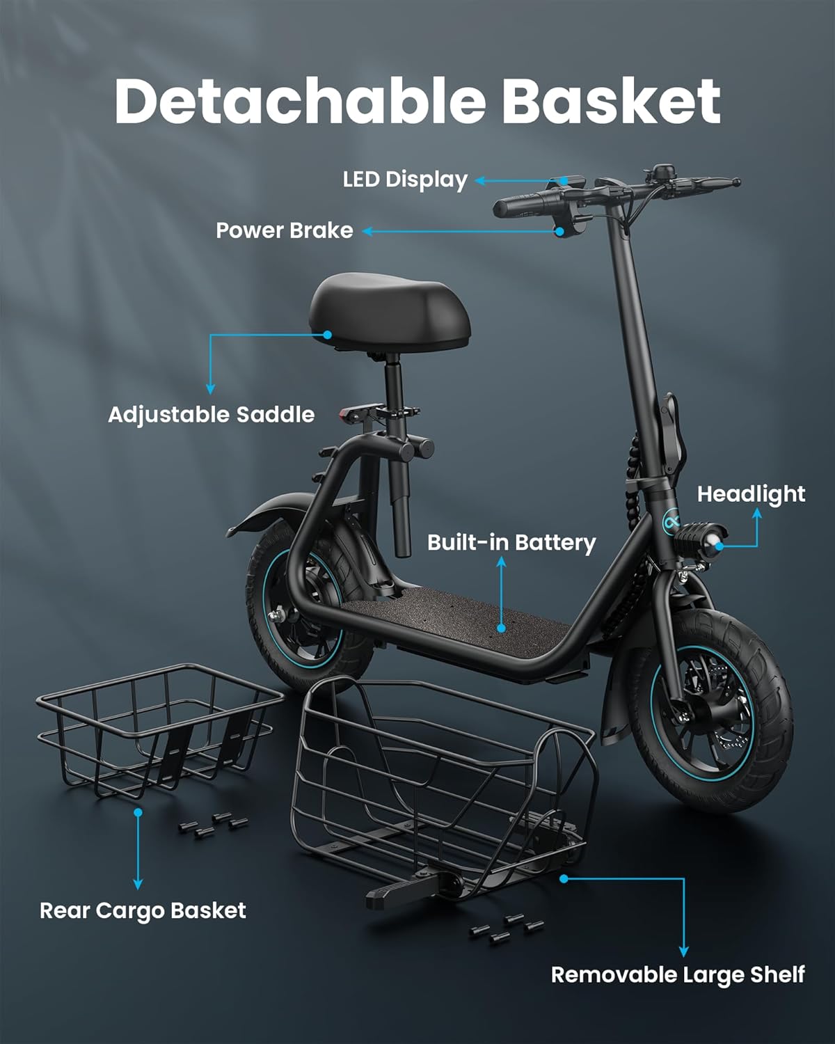 Gyroor Electric Scooter With Basket And Seat, 550W, 20 Mile Range