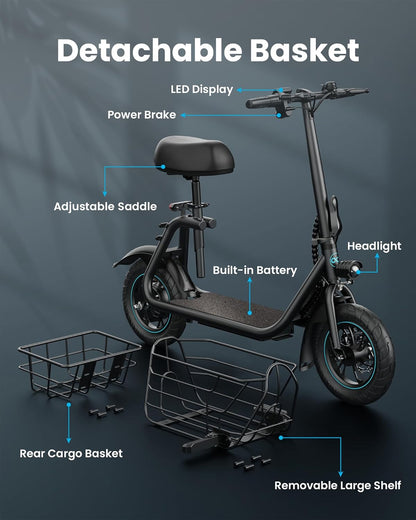 Gyroor Electric Scooter With Basket And Seat, 550W, 20 Mile Range