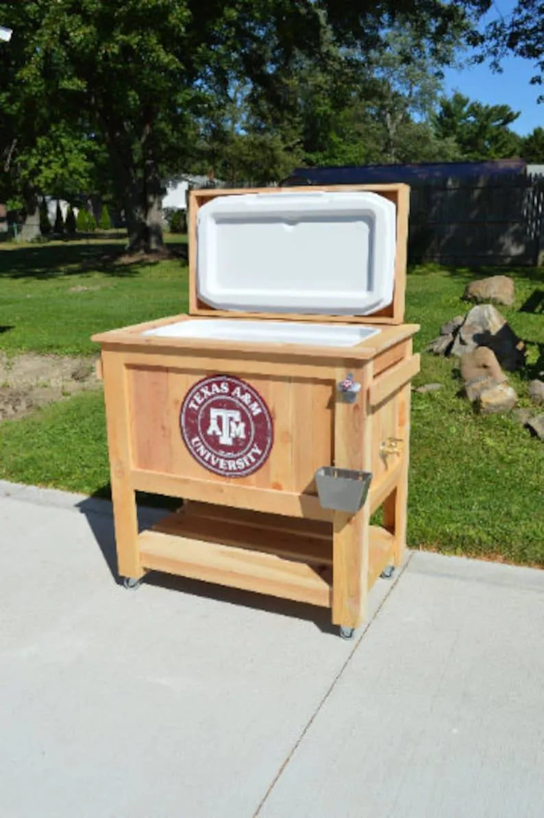 All Weather 48 Quart Antiqued Cedar Cooler Stand With Brass Drain, Bottle Opener And Cap Catcher, Beer Cooler